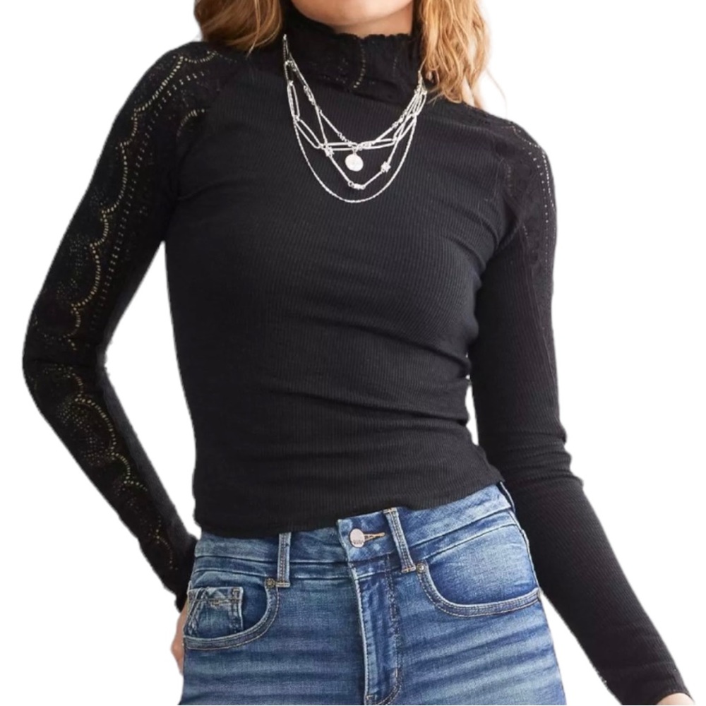 Free People L Freddie Turtleneck Top Rib Knit Lace Collar & Sleeves OB1624513